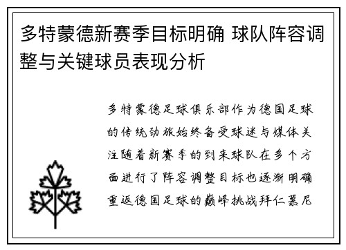 多特蒙德新赛季目标明确 球队阵容调整与关键球员表现分析